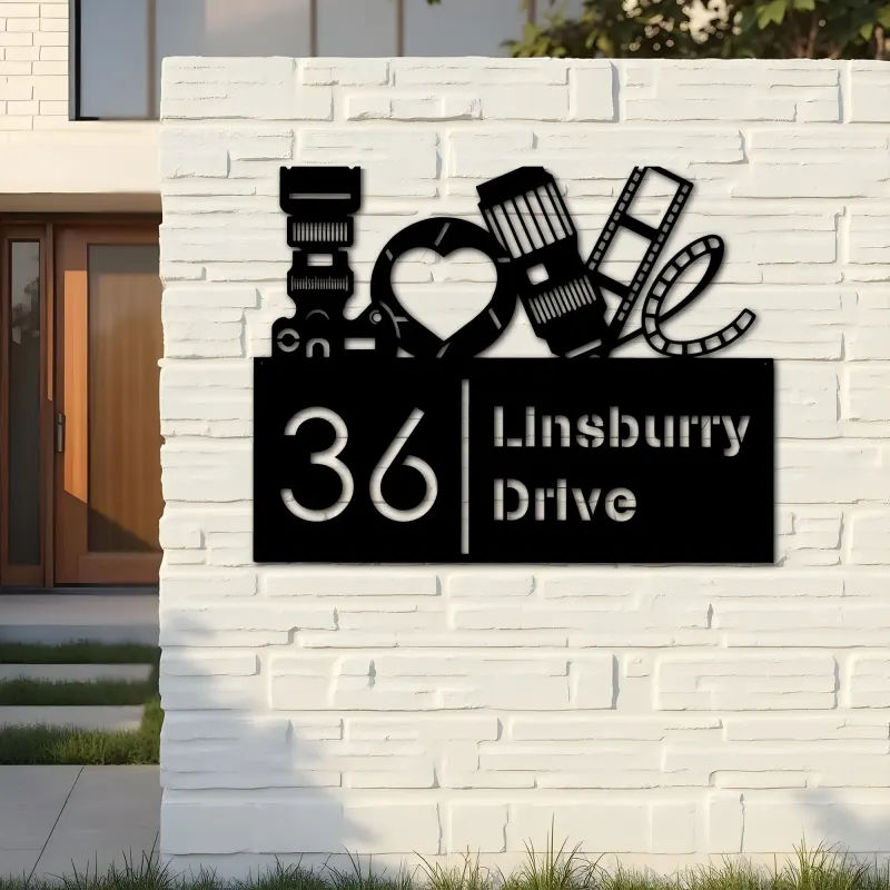Custom Metal Love Photography Camera Photographer Metal Address Sign, House number, Outdoor Number Signage, Yard Sign Address Plate