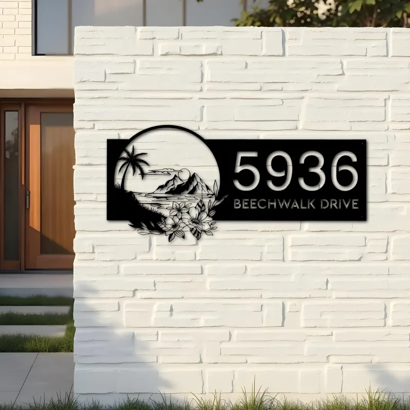 Custom Metal Floral tropical Beach island scene Metal Address Sign, House number, Outdoor Number Signage, Yard Sign Address Plate