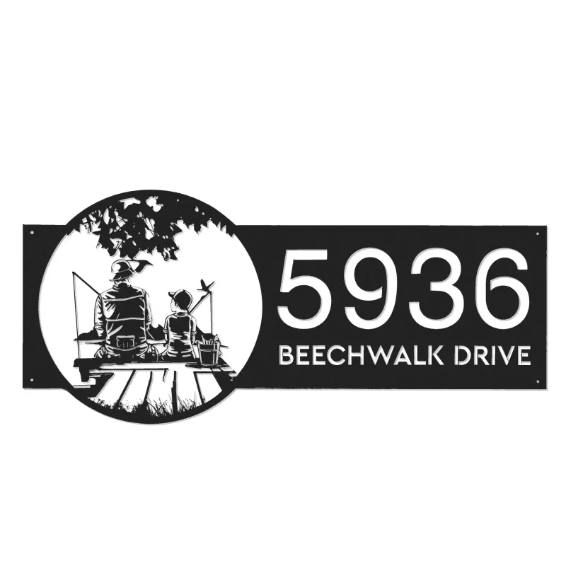 Custom Metal Dad and Son go fishing Metal Address Sign Custom House number Hanging Address Plaque Yard Sign Outdoor
