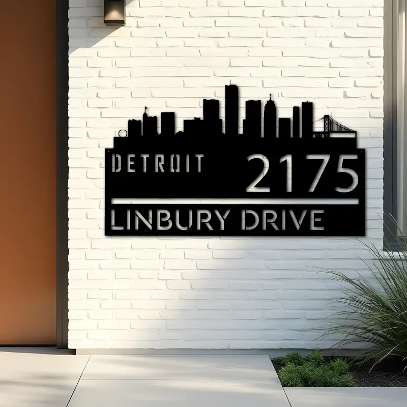 Custom Metal Detroit city skyline Metal Address Sign Hanging Address Plaque house number Yard Outdoor Sign