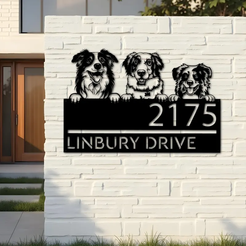 Custom Metal Australian shepherd dogs puppy Metal Address Sign House number Hanging Address Plaque Yard Sign Outdoor decor