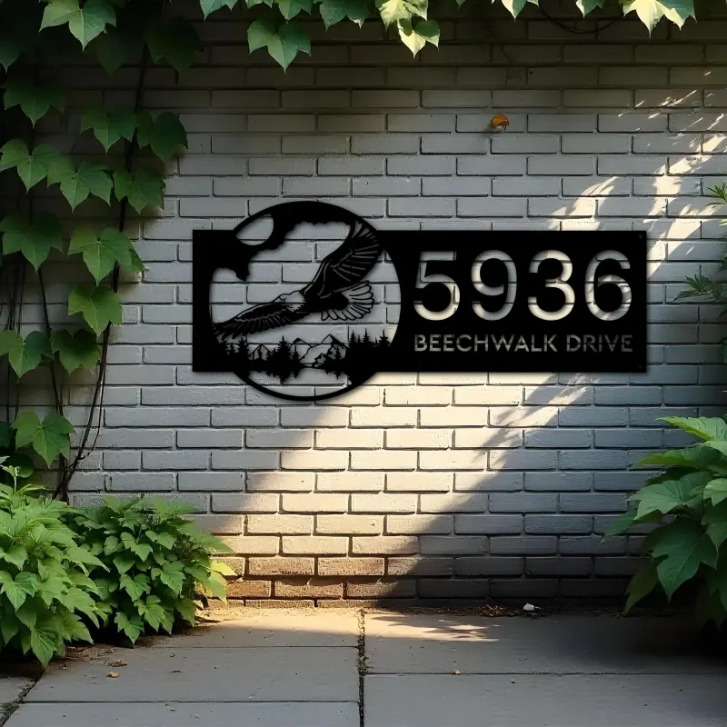 Custom Metal Eagle flying mountain forest scene Metal Address Sign, House number, Outdoor Number Signage, Yard Sign Address Plate
