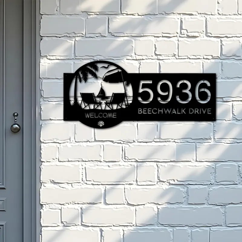 Custom Metal Palm Beach scene Metal Address Sign, House number, Outdoor Number Signage, Yard Sign Address Plate