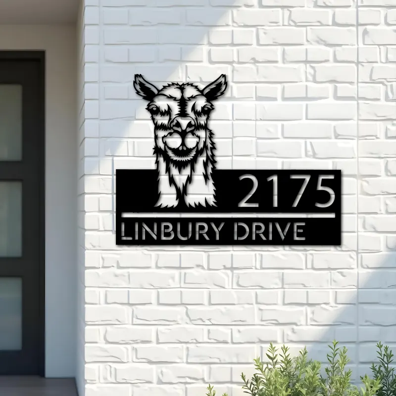 Custom Metal Peeking Llama farm animal ranch Metal Address Sign, House number, Outdoor Number Signage, Yard Sign Address Plate