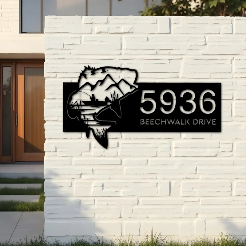 Custom Metal Bass fishing fisherman Metal Address Sign, House number, Outdoor Number Signage, Yard Sign Address Plate002