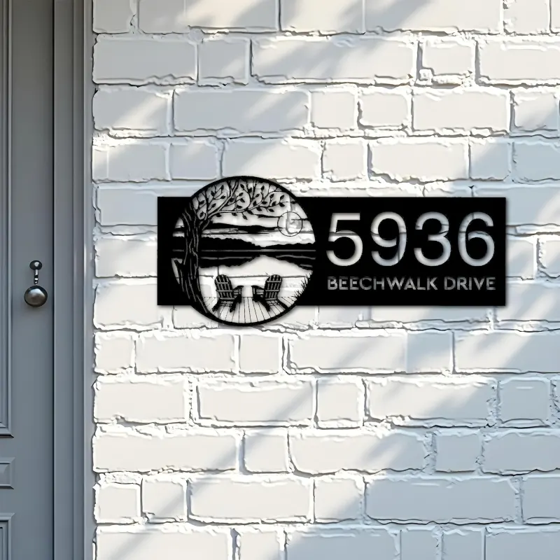 Custom Metal Tree Dock on Lake Scene Sunset Metal Address Sign Custom House number Hanging Address Plaque Yard Sign Outdoor
