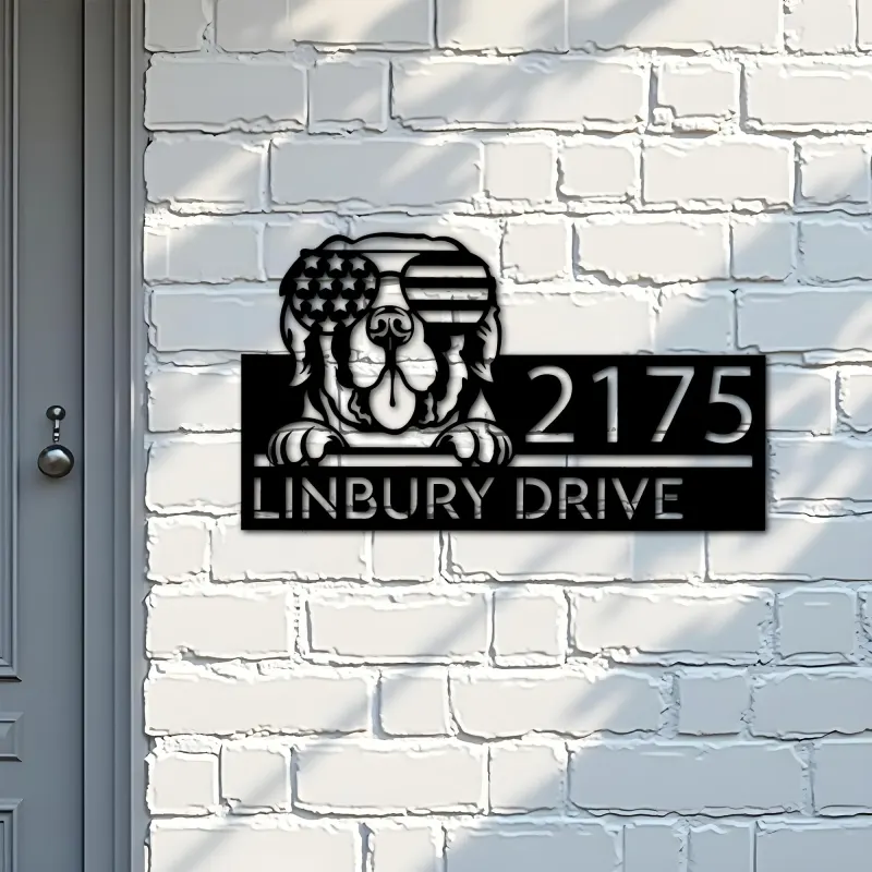 Custom Metal Saint Bernard dog US flag glasses Metal Address Sign House number Hanging Address Plaque Yard Sign Outdoor decor
