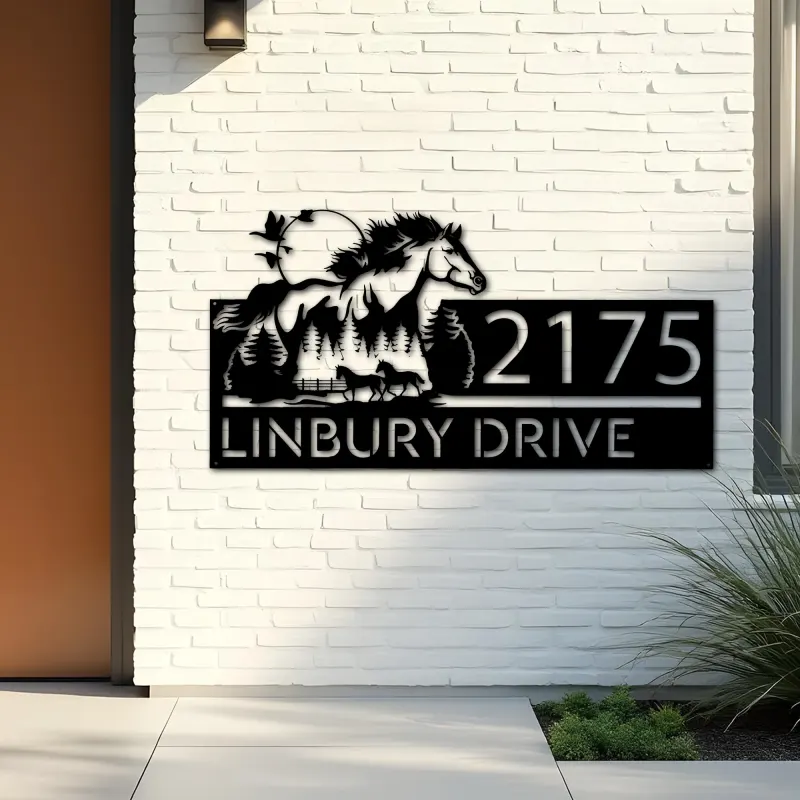 Custom Metal Running horse mountain forest scene Metal Address Sign, House number, Outdoor Number Signage, Yard Sign Address Plate