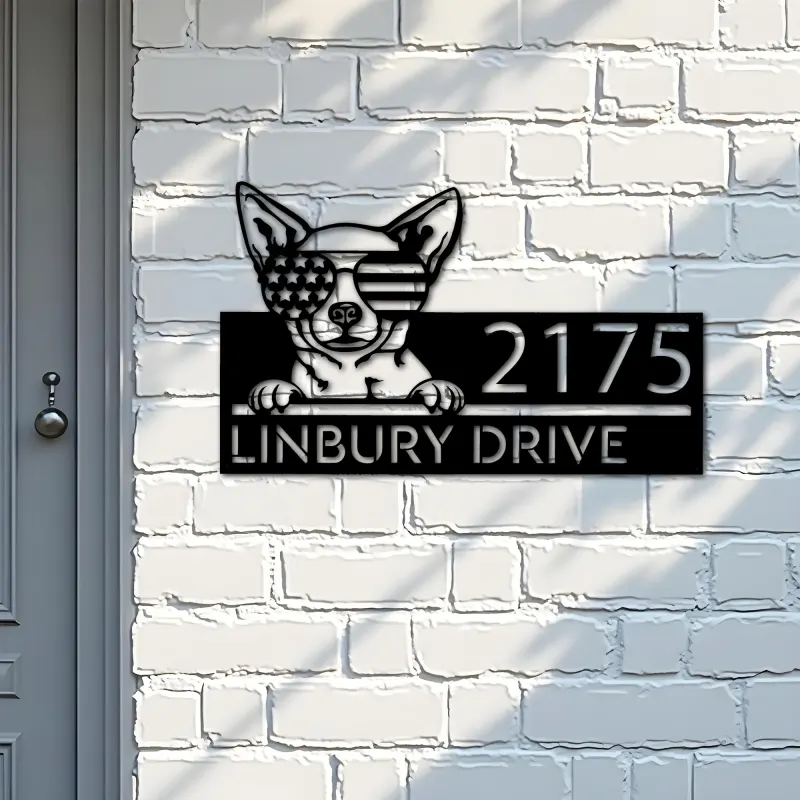 Custom Metal Chihuahua dog US flag glasses Metal Address Sign House number Hanging Address Plaque Yard Sign Outdoor decor