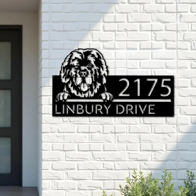Custom Metal Newfoundland dog Cute puppy Metal Address Sign House number Hanging Address Plaque Yard Sign Outdoor decor