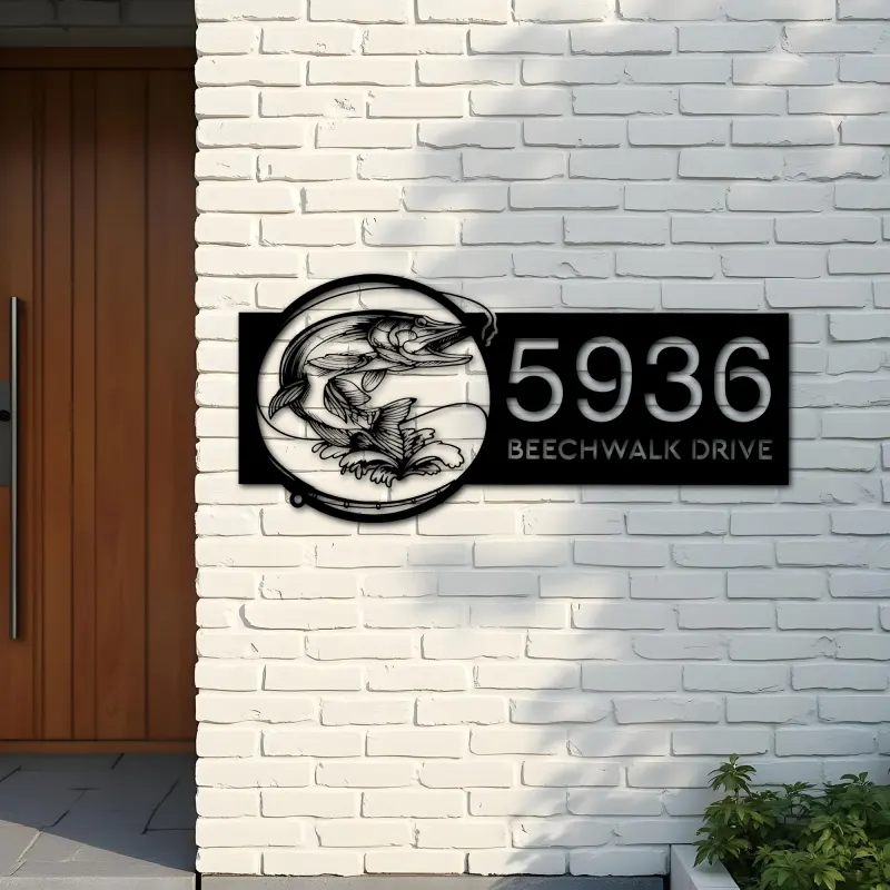 Custom Metal Pike fishing rod bait hook Metal Address Sign, House number, Outdoor Number Signage, Yard Sign Address Plate
