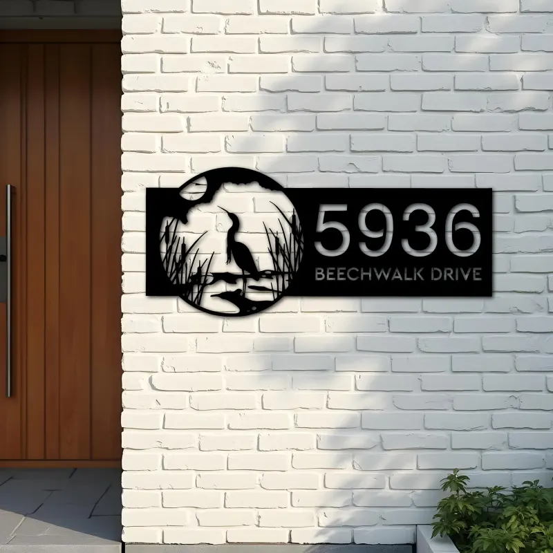 Custom Metal Heron on Lake Metal Address Sign Custom House number Hanging Address Plaque Yard Sign Outdoor