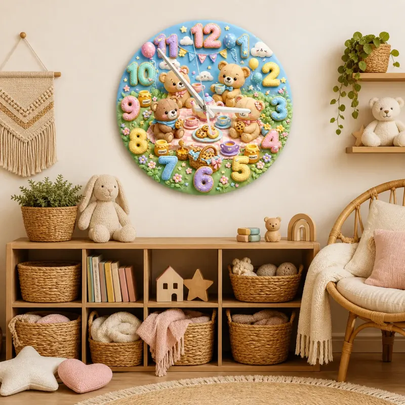 Teddy Bear Tea Party Kids Room Wall Clock