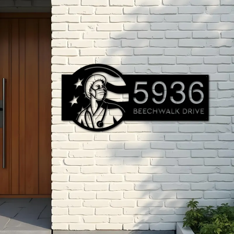 Custom Metal Nurse Looking Up USA Flag Metal Address Sign, House number, Outdoor Number Signage, Yard Sign Address Plate