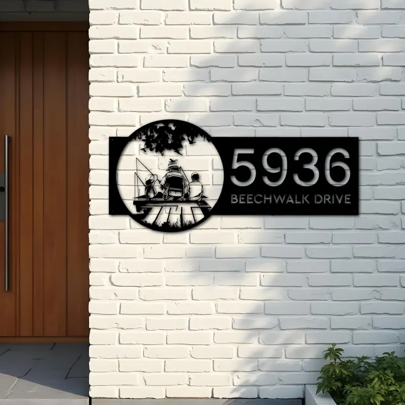 Custom Metal Dad son and daughter go fishing Metal Address Sign Custom House number Hanging Address Plaque Yard Sign Outdoor