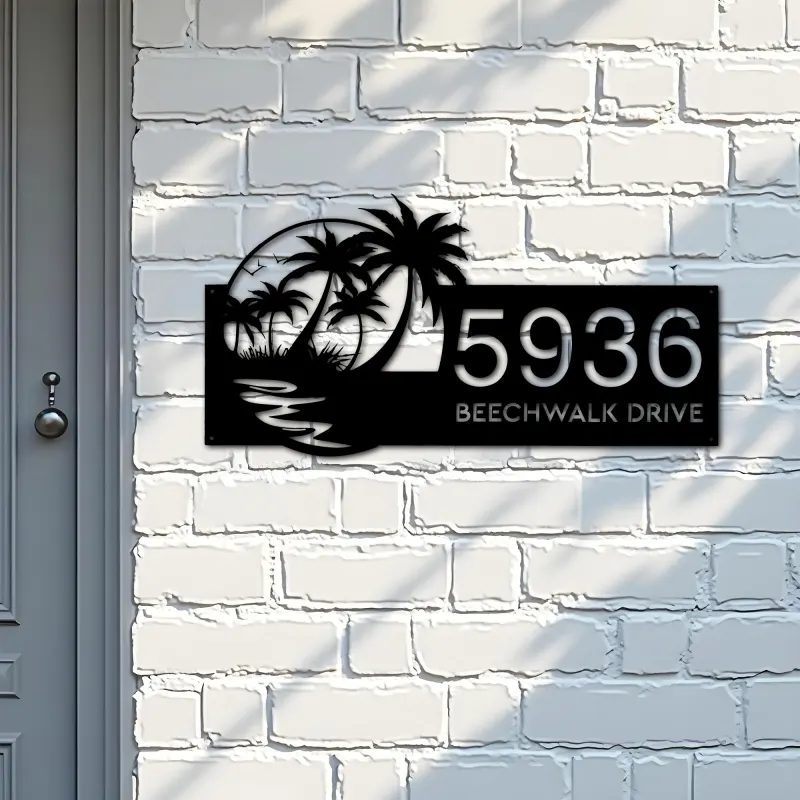 Custom Metal Beach Scene Summer Palm Tree Metal Address Sign, House number, Outdoor Number Signage, Yard Sign Address Plate