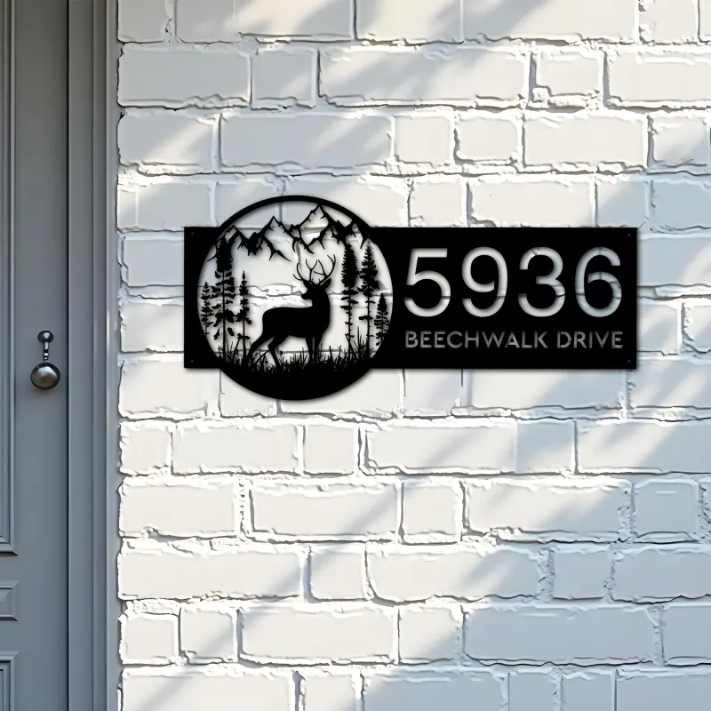 Custom Metal Deer forest scene wild life Metal Address Sign, House number, Outdoor Number Signage, Yard Sign Address Plate
