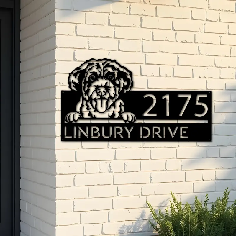 Custom Metal Portuguese Water Dog Cute puppy Metal Address Sign House number Hanging Address Plaque Yard Sign Outdoor decor