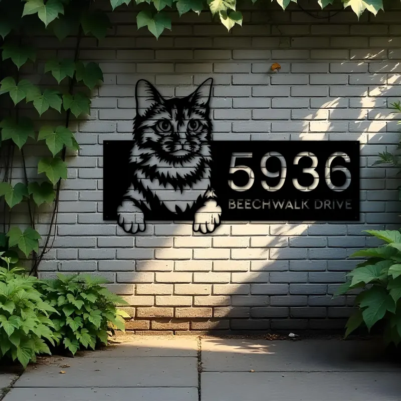 Custom Metal Somali Cute peeking cat kitten Metal Address Sign, House number, Outdoor Number Signage, Yard Sign Address Plate