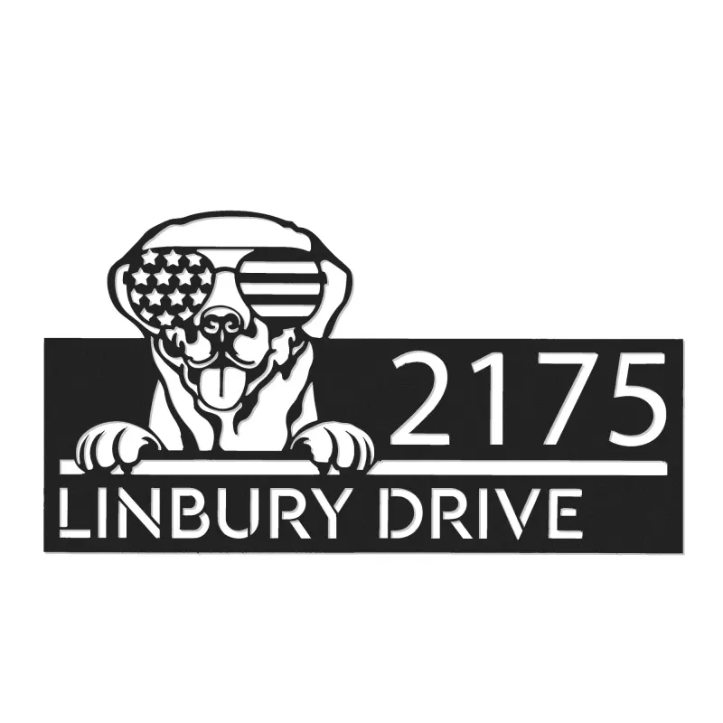 Custom Metal Labrador dog US flag glasses Metal Address Sign House number Hanging Address Plaque Yard Sign Outdoor decor