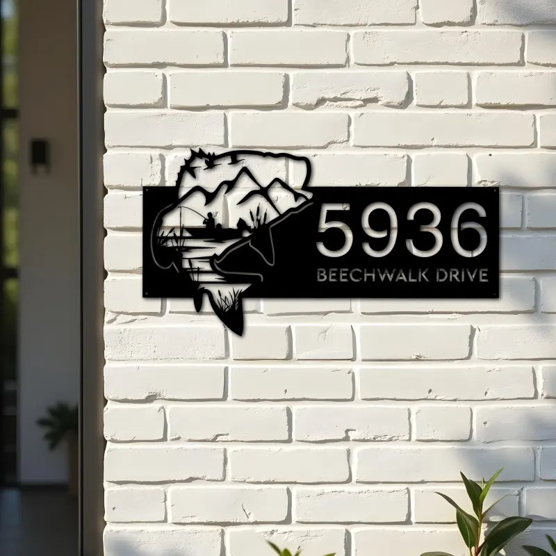 Custom Metal Bass fishing fisherman Metal Address Sign, House number, Outdoor Number Signage, Yard Sign Address Plate002