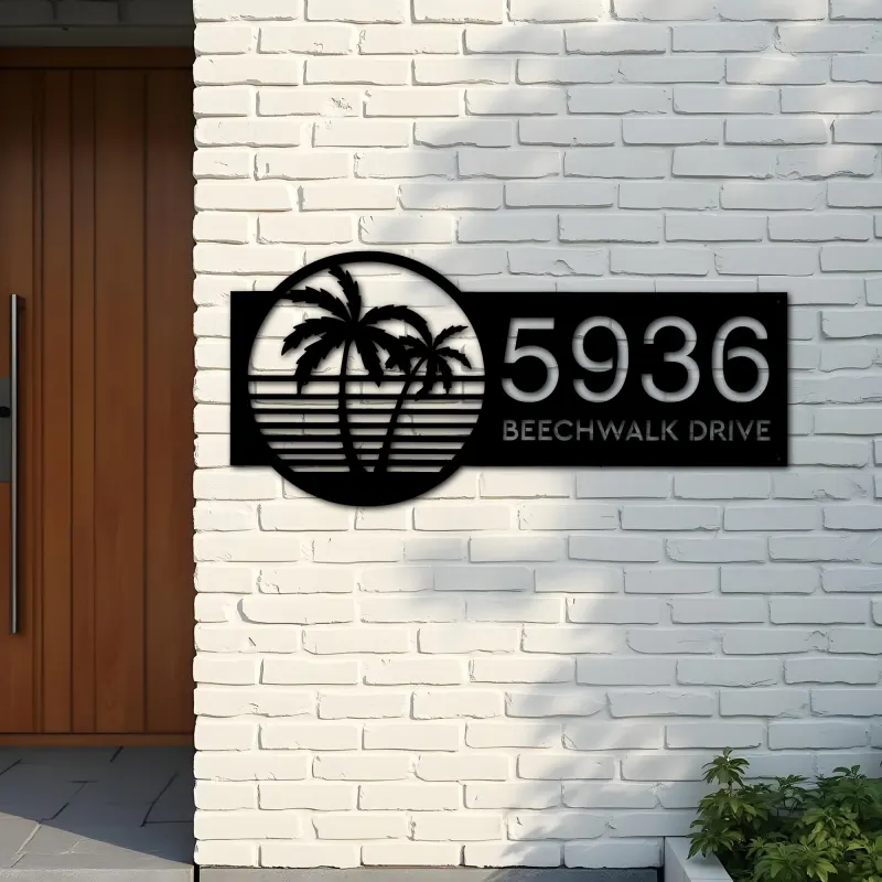 Custom Metal Palm tree sunset Metal Address Sign, House number, Outdoor Number Signage, Yard Sign Address Plate