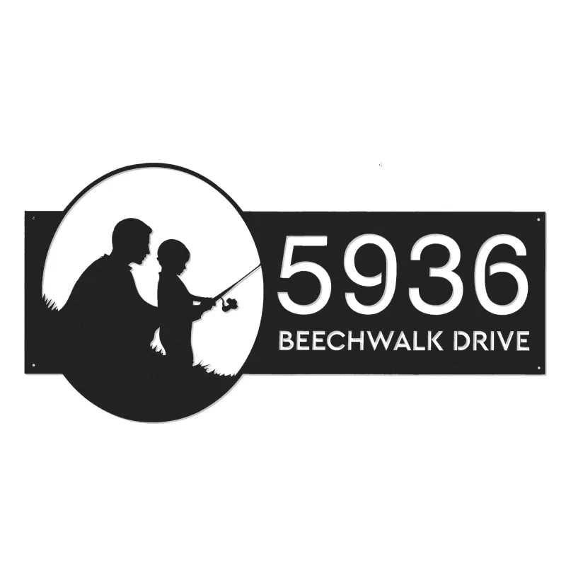 Custom Metal Father and son fishing Metal Address Sign, House number, Outdoor Number Signage, Yard Sign Address Plate