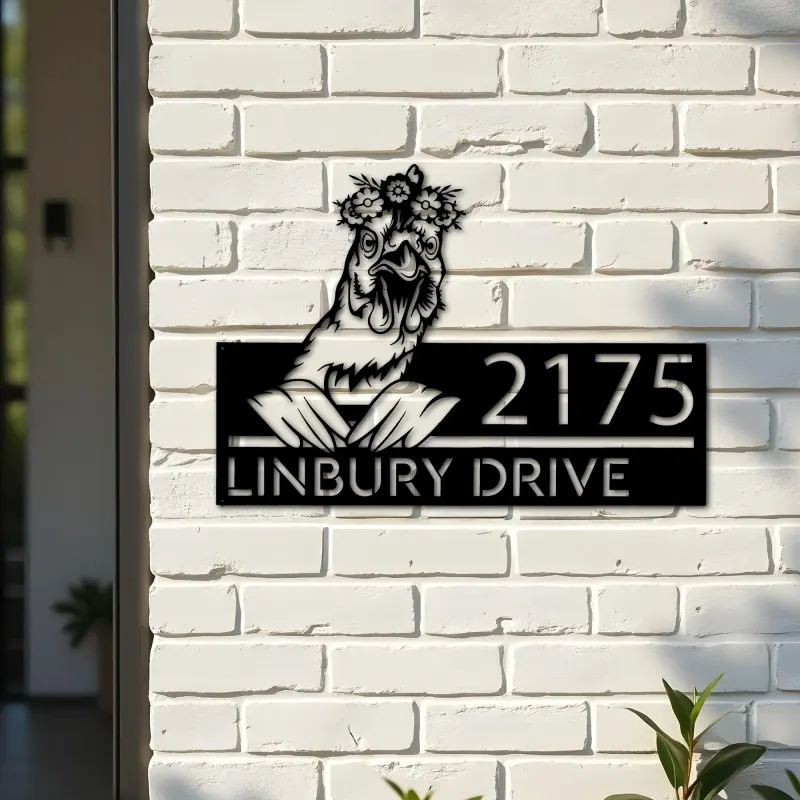 Custom Metal Floral Chicken farm animal farmhouse ranch Metal Address Sign, House number, Outdoor Number Signage, Yard Sign Address Plate