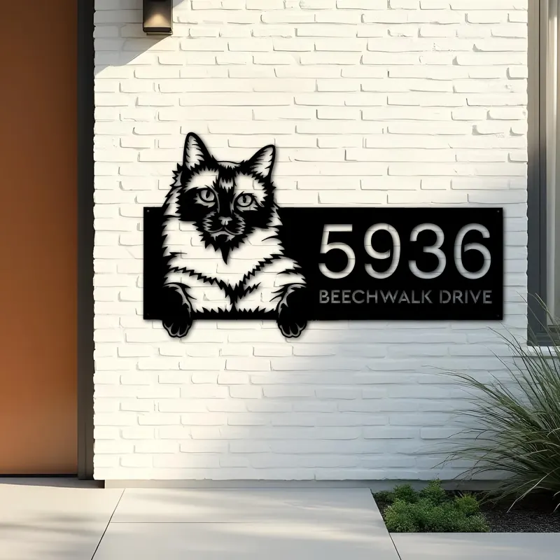 Custom Metal Siamese Cute peeking cat kitten Metal Address Sign, House number, Outdoor Number Signage, Yard Sign Address Plate