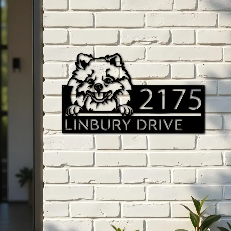 Custom Metal Pomeranian dog Cute puppy Metal Address Sign House number Hanging Address Plaque Yard Sign Outdoor decor