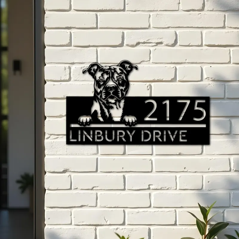 Custom Metal American Staffordshire Terrier dog Metal Address Sign House number Hanging Address Plaque Yard Sign Outdoor decor