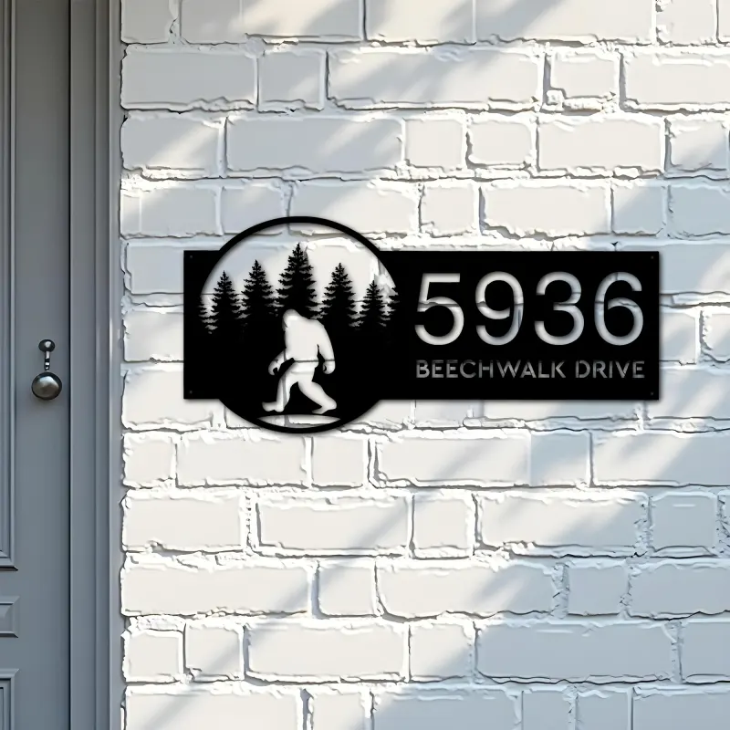 Custom Metal Bigfoot Sasquatch forest Metal Address Sign, House number, Outdoor Number Signage, Yard Sign Address Plate