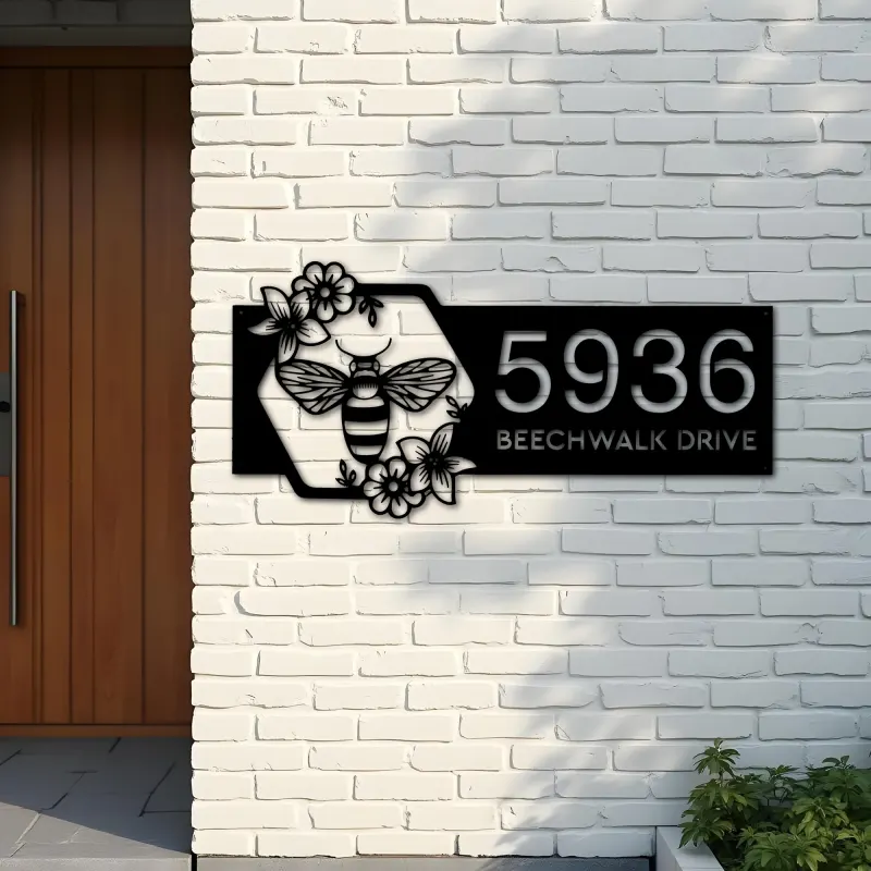 Custom Metal Bee on floral frame Metal Address Sign Custom House Number Hanging Address Plaque Yard Sign Outdoor Sign