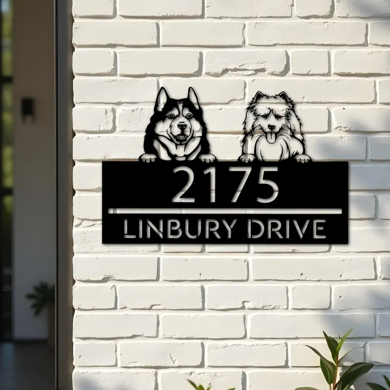 Custom Metal Husky and samoyed dog Puppy Metal Address Sign House number Hanging Address Plaque Yard Sign Outdoor decor