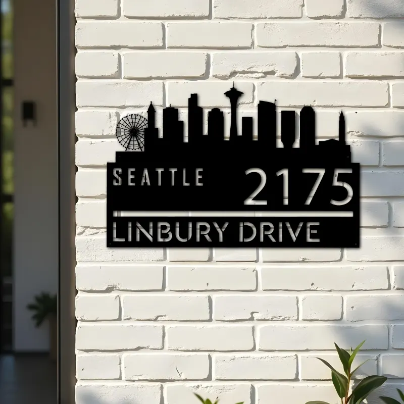 Custom Metal Seattle city skyline Metal Address Sign Hanging Address Plaque house number Yard Outdoor Sign