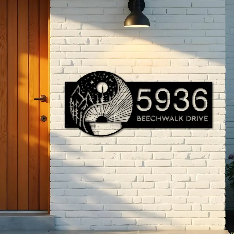 Custom Metal Yin Yang sun and moon Metal Address Sign, House number, Outdoor Number Signage, Yard Sign Address Plate