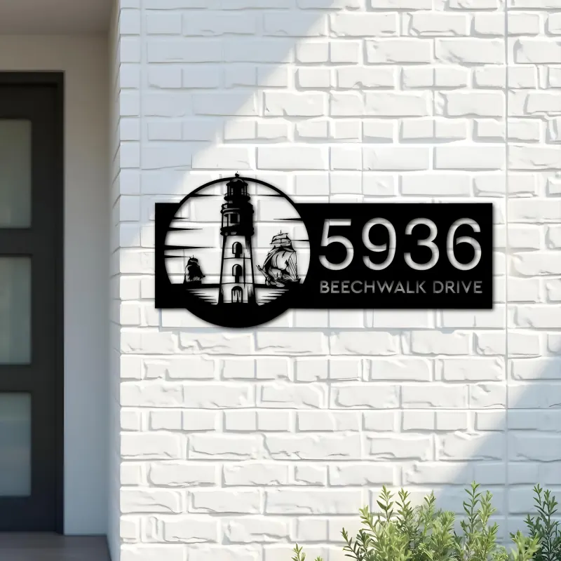Custom Metal Lighthouse and ship sea adventure Metal Address Sign, House number, Outdoor Number Signage, Yard Sign Address Plate