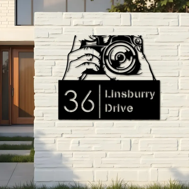 Custom Metal Hands holding camera photography Metal Address Sign, House number, Outdoor Number Signage, Yard Sign Address Plate