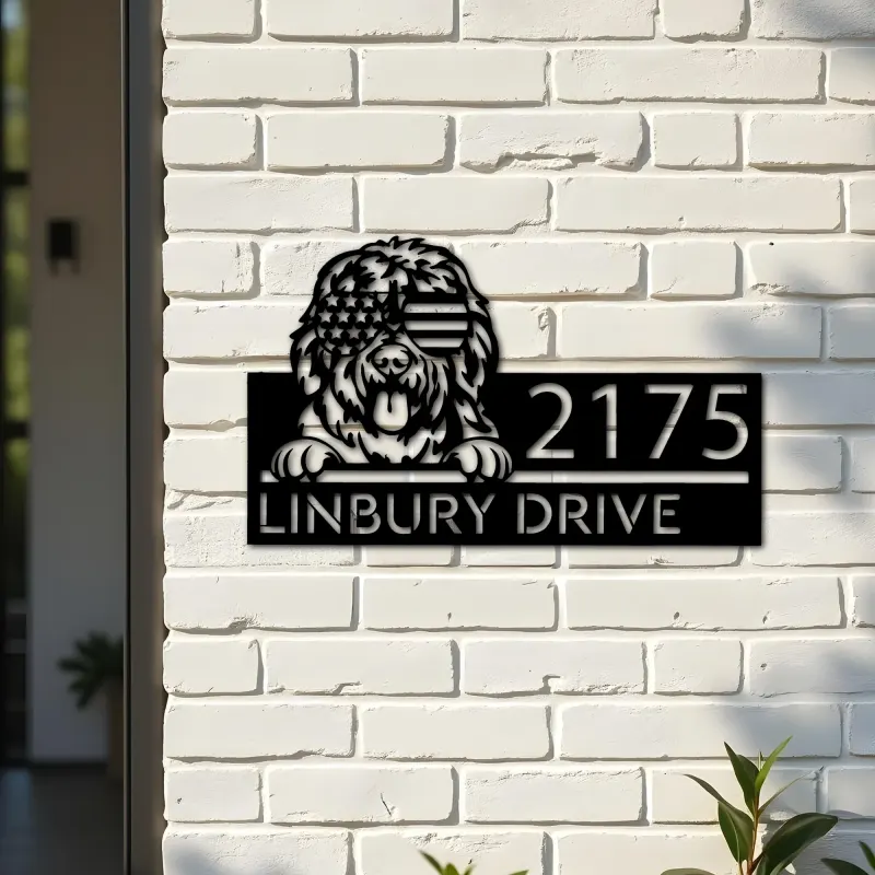 Custom Metal Bobtail dog US flag glasses Metal Address Sign House number Hanging Address Plaque Yard Sign Outdoor decor