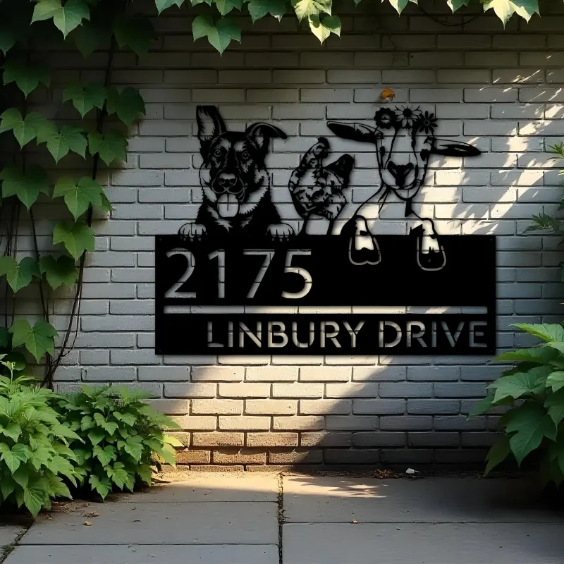 Custom Metal German shepherd chicken and goat Metal Address Sign, House number, Outdoor Number Signage, Yard Sign Address Plate