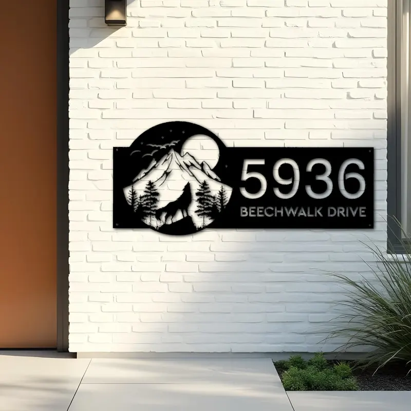 Custom Metal Wolf howling on full moon Metal Address Sign, House number, Outdoor Number Signage, Yard Sign Address Plate002