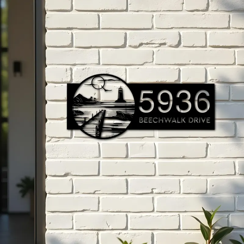 Custom Metal Lighthouse with Bay on Sea Sunset Metal Address Sign, House number, Outdoor Number Signage, Yard Sign Address Plate