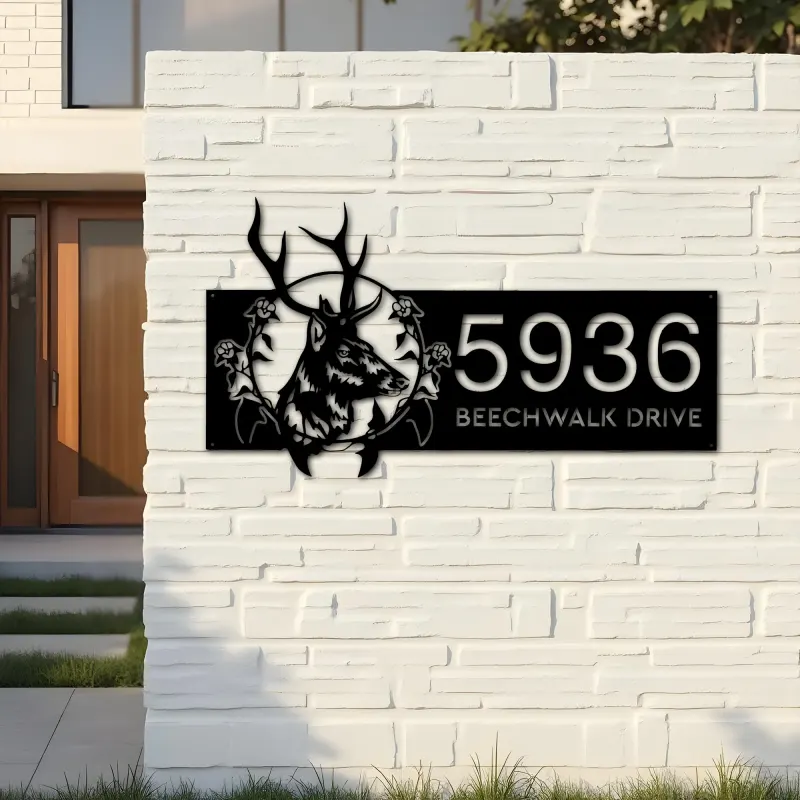 Custom Metal Floral deer head Metal Address Sign, House number, Outdoor Number Signage, Yard Sign Address Plate
