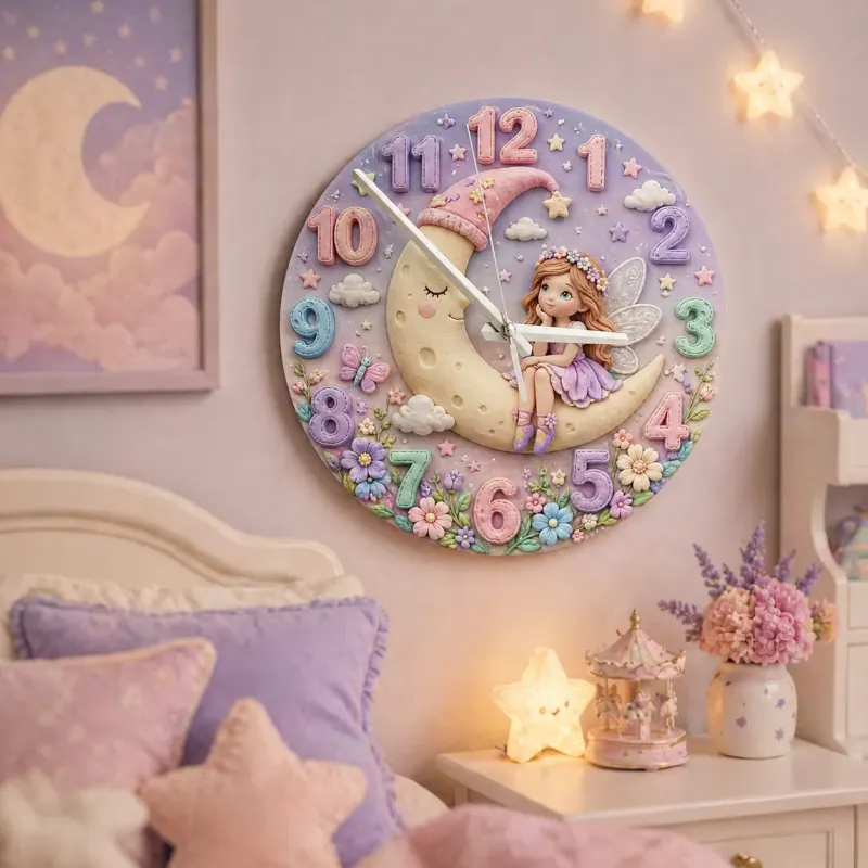 Magical Fairy on Moon Kids Room Wall Clock