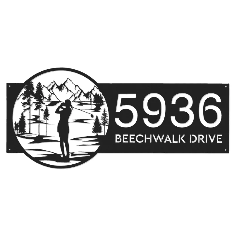 Custom Metal Golf club Golfer Girl Metal Address Sign, House number, Outdoor Number Signage, Yard Sign Address Plate