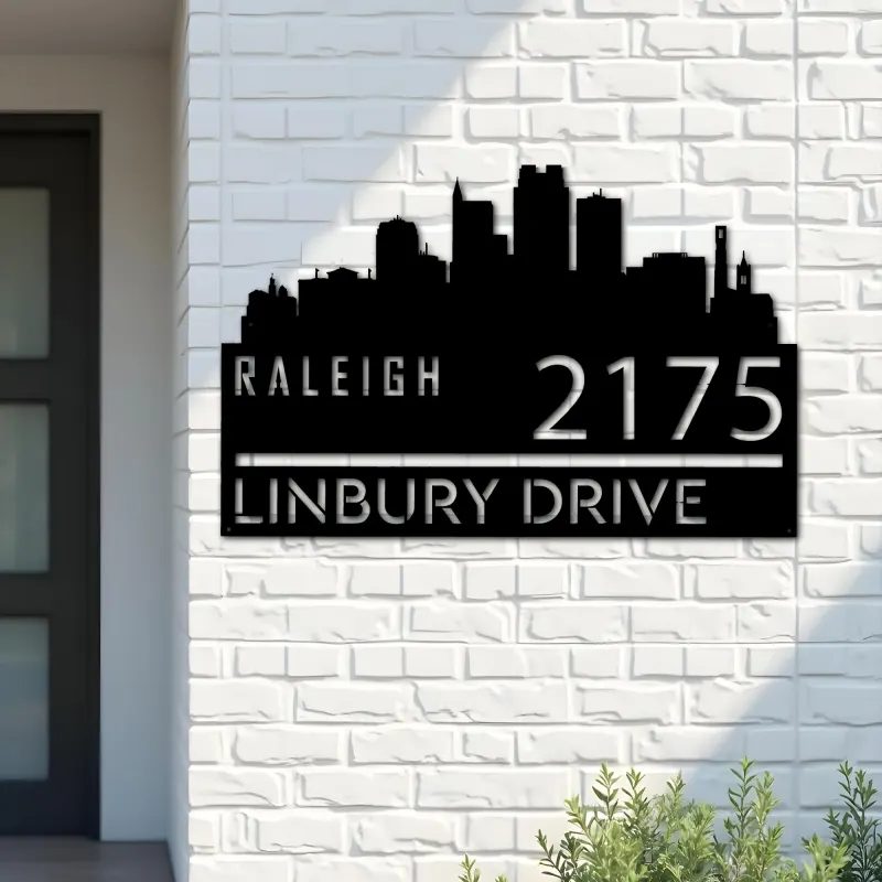Custom Metal Raleigh city skyline Metal Address Sign Hanging Address Plaque house number Yard Outdoor Sign