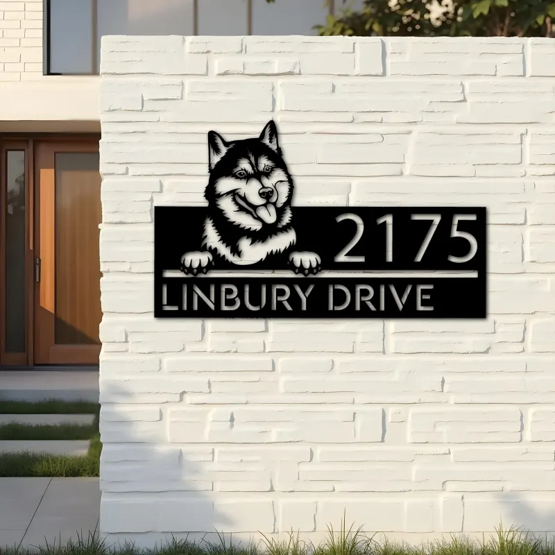 Custom Metal Siberian Husky dog Puppy Metal Address Sign House number Hanging Address Plaque Yard Sign Outdoor decor