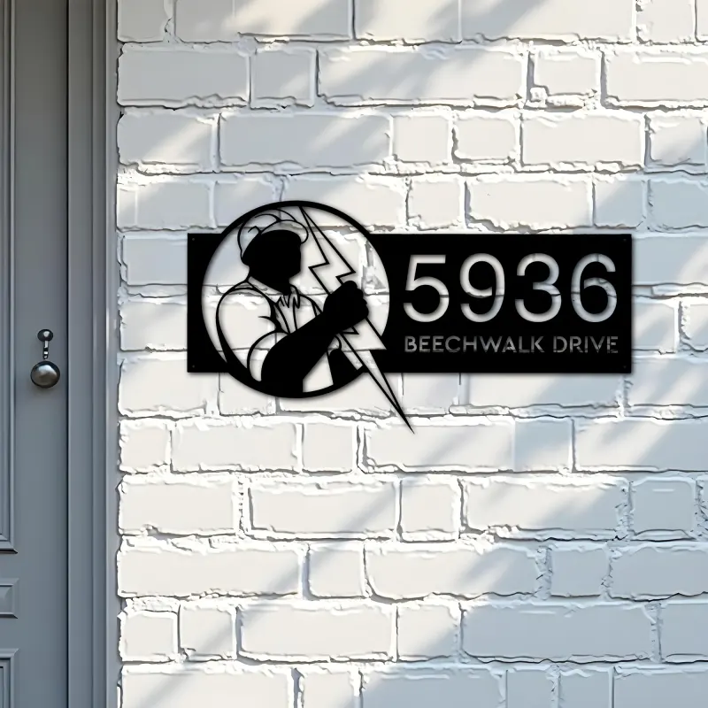 Custom Metal Electrician lineman Metal Address Sign, House number, Outdoor Number Signage, Yard Sign Address Plate