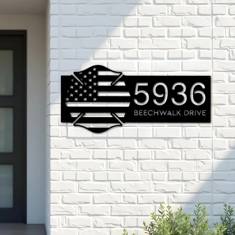 Custom Metal Fire department fireman US flag Metal Address Sign, House number, Outdoor Number Signage, Yard Sign Address Plate