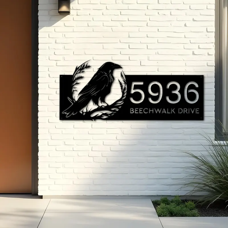 Custom Metal Crow Raven Metal Address Sign, House number, Outdoor Number Signage, Yard Sign Address Plate